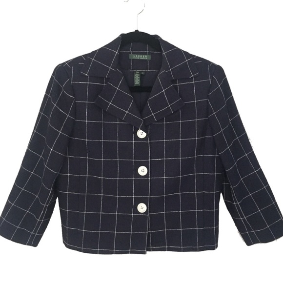 LRL Lauren Ralph Lauren ⌘ Silk + Linen Cropped Jacket ⌘ Windowpane Plaid ⌘ Navy - Picture 7 of 9